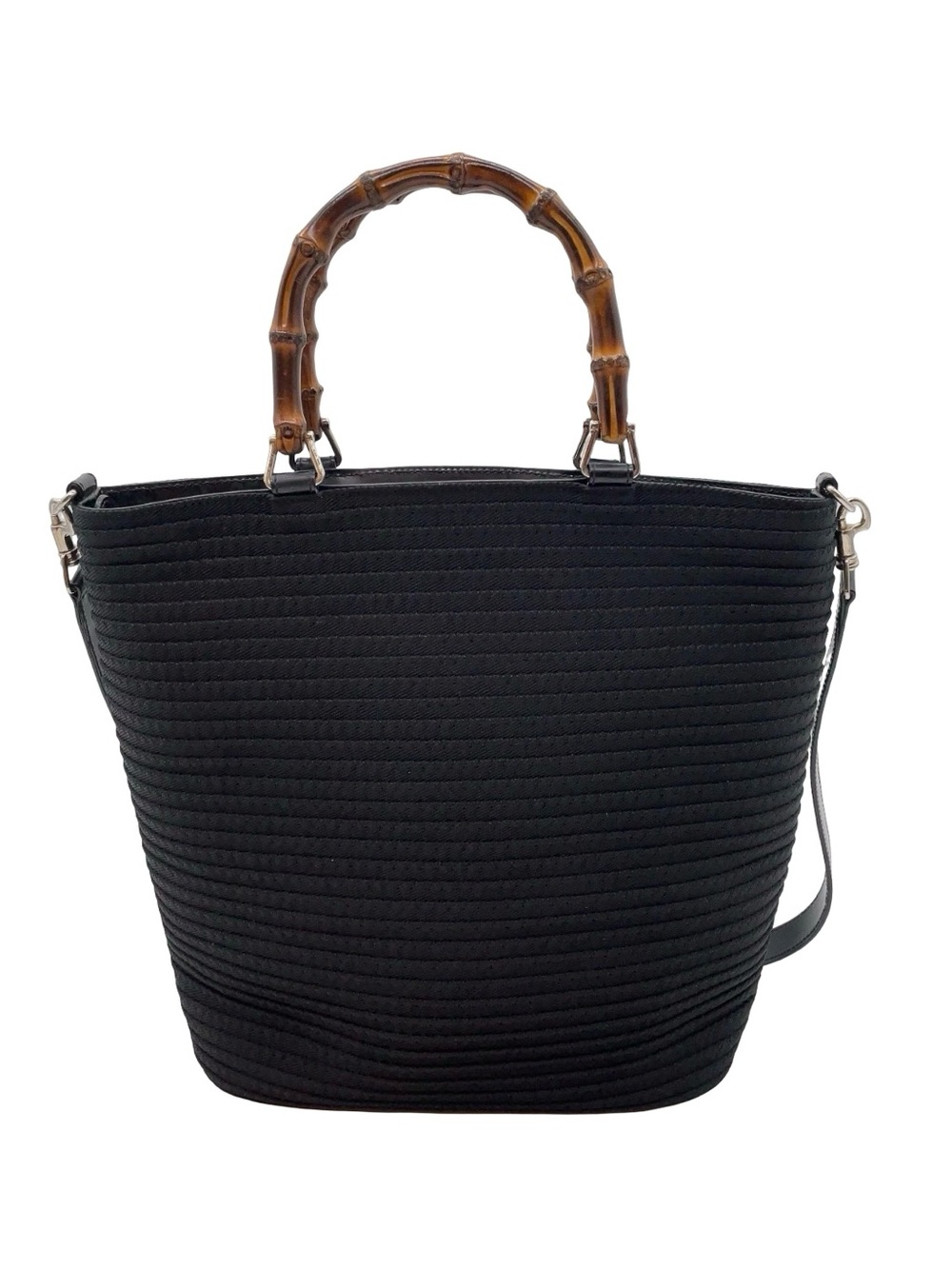 Vintage Gucci Bamboo Handle Tote Black Leather Trim Crossbody Bag Made in Italy - Picture 3 of 14